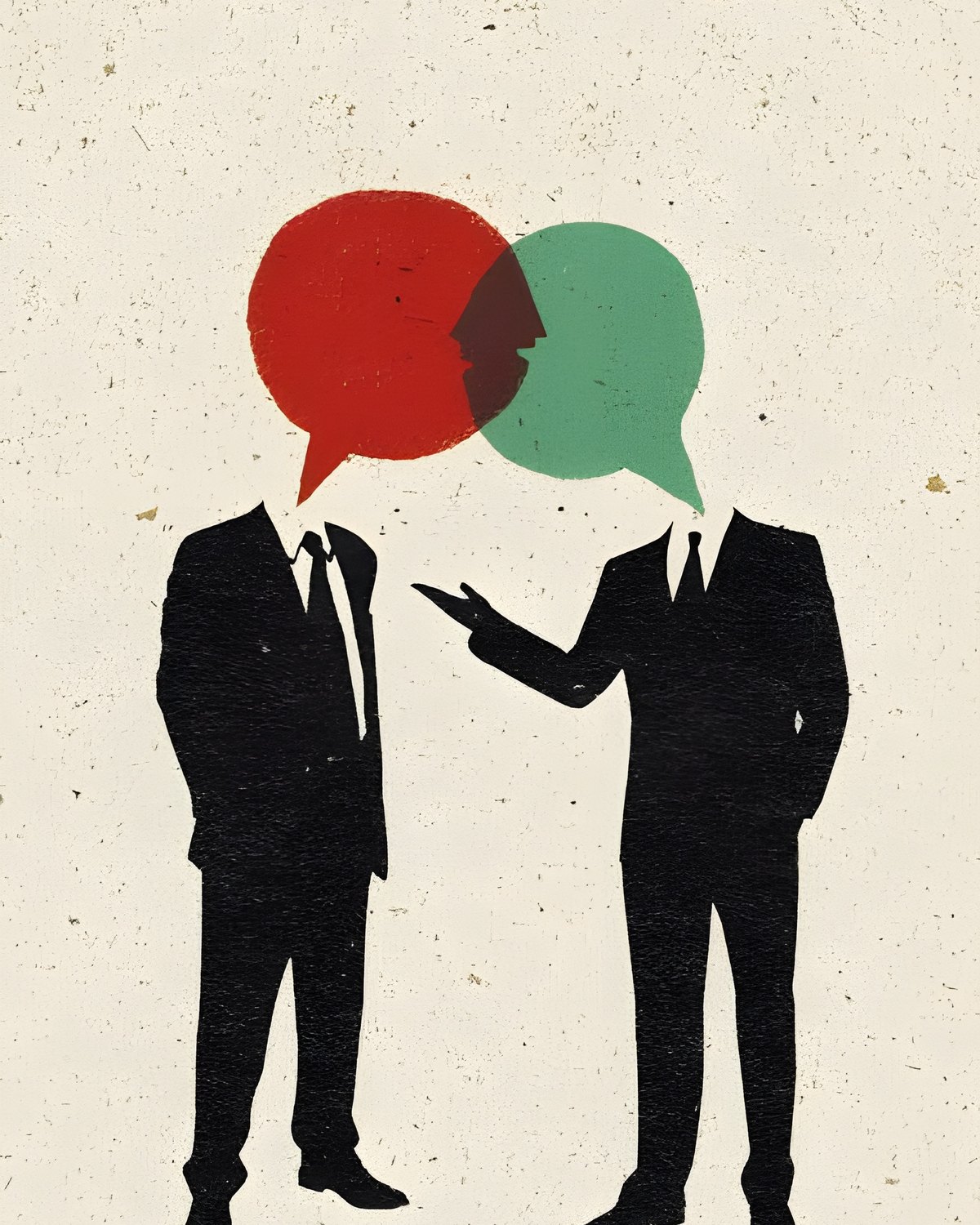 Illustration of two men in suits talking, their heads replaced by overlapping red and green speech bubbles