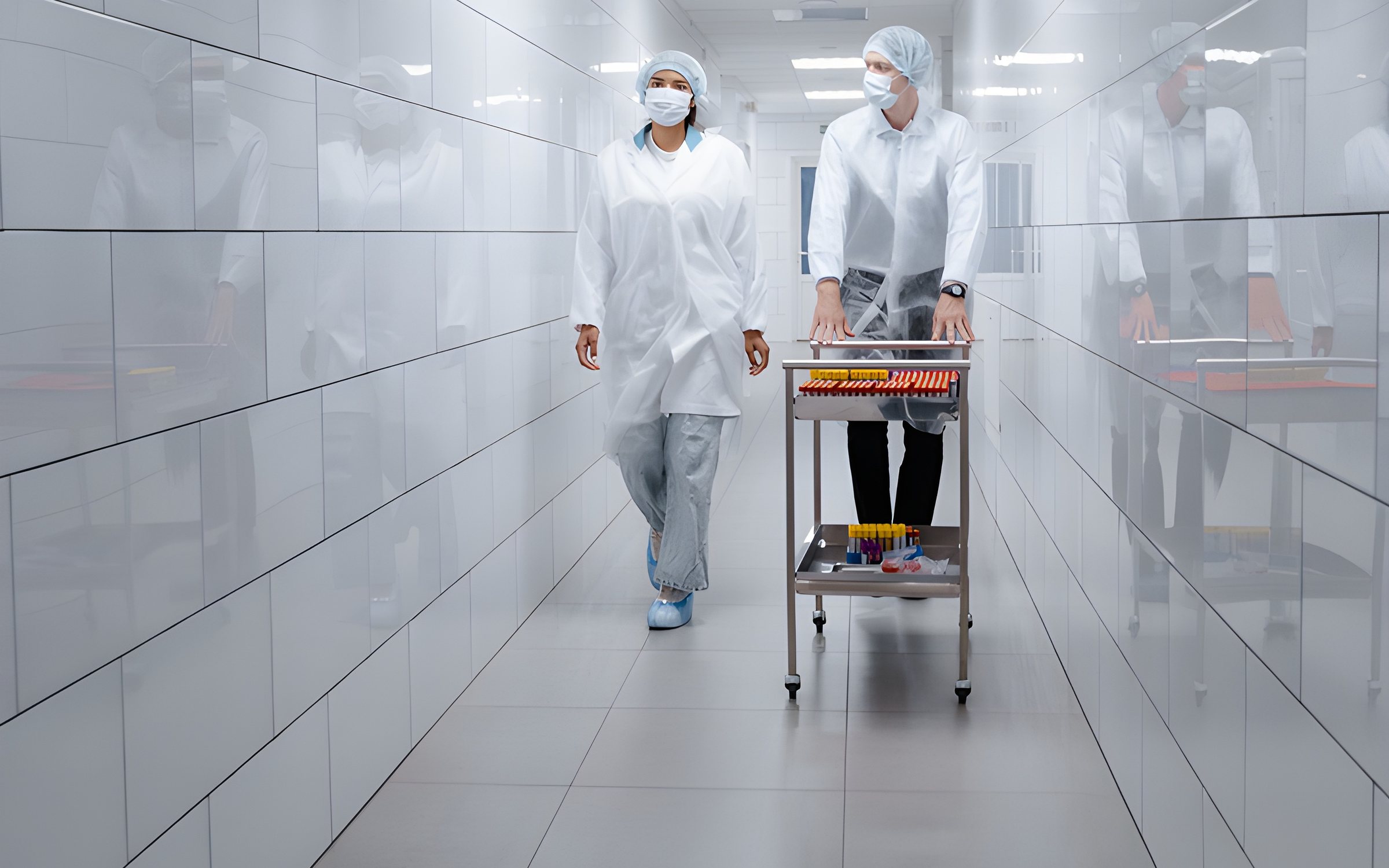 Two researchers walking through a bright clean room