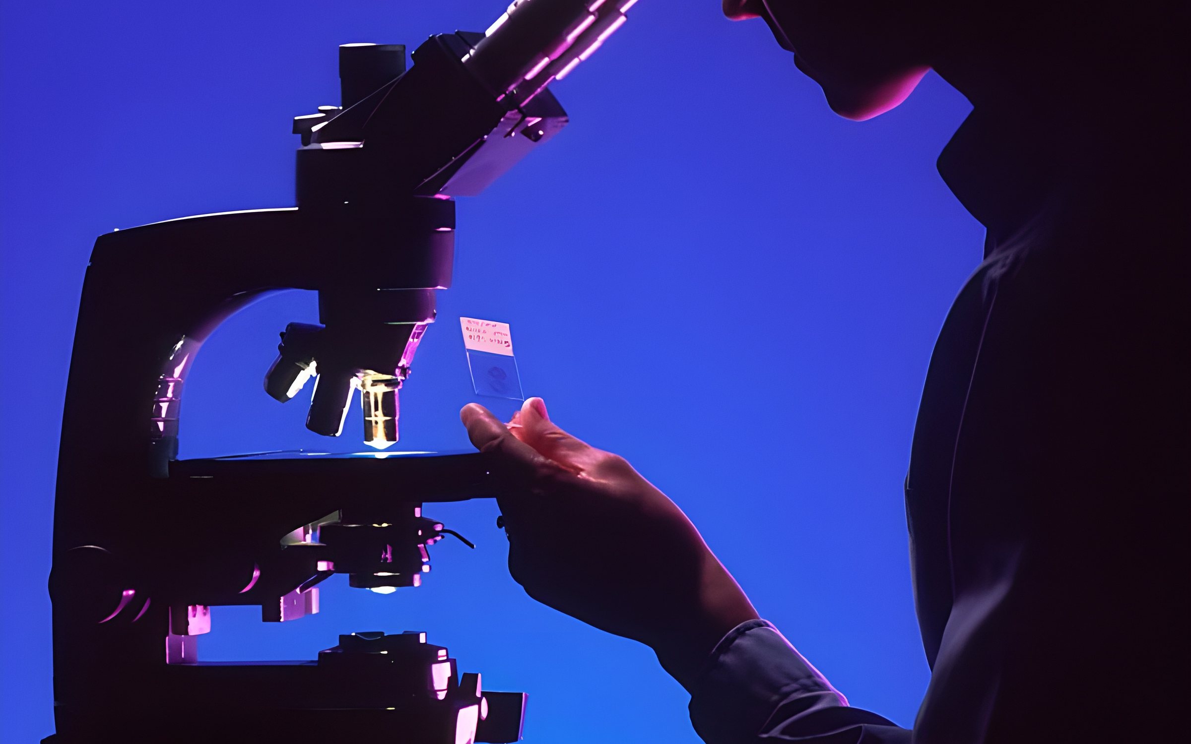 A scientist examining a slide under a microscope