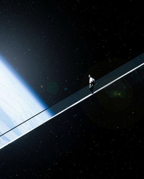 A lone figure walking a beam of light towards the edge of the Earth