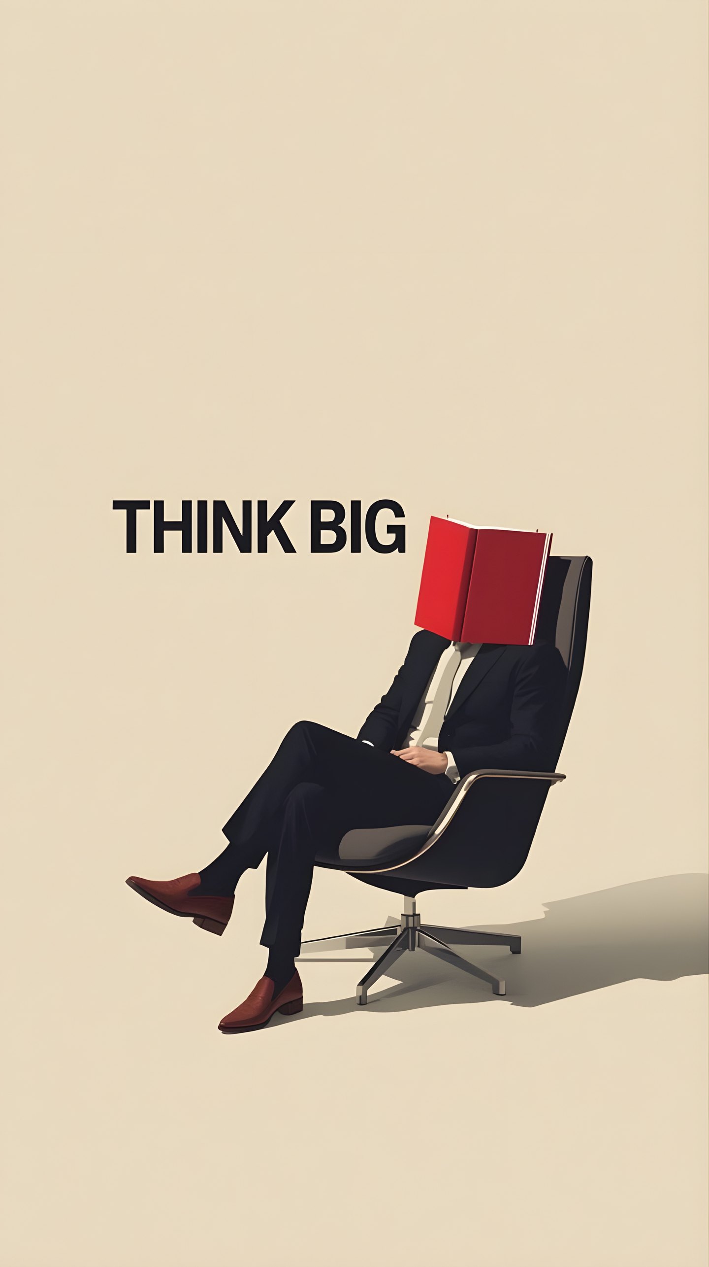 Illustration of a man in a suit reclining in an office chair, a red book over his face, beside the words Think big